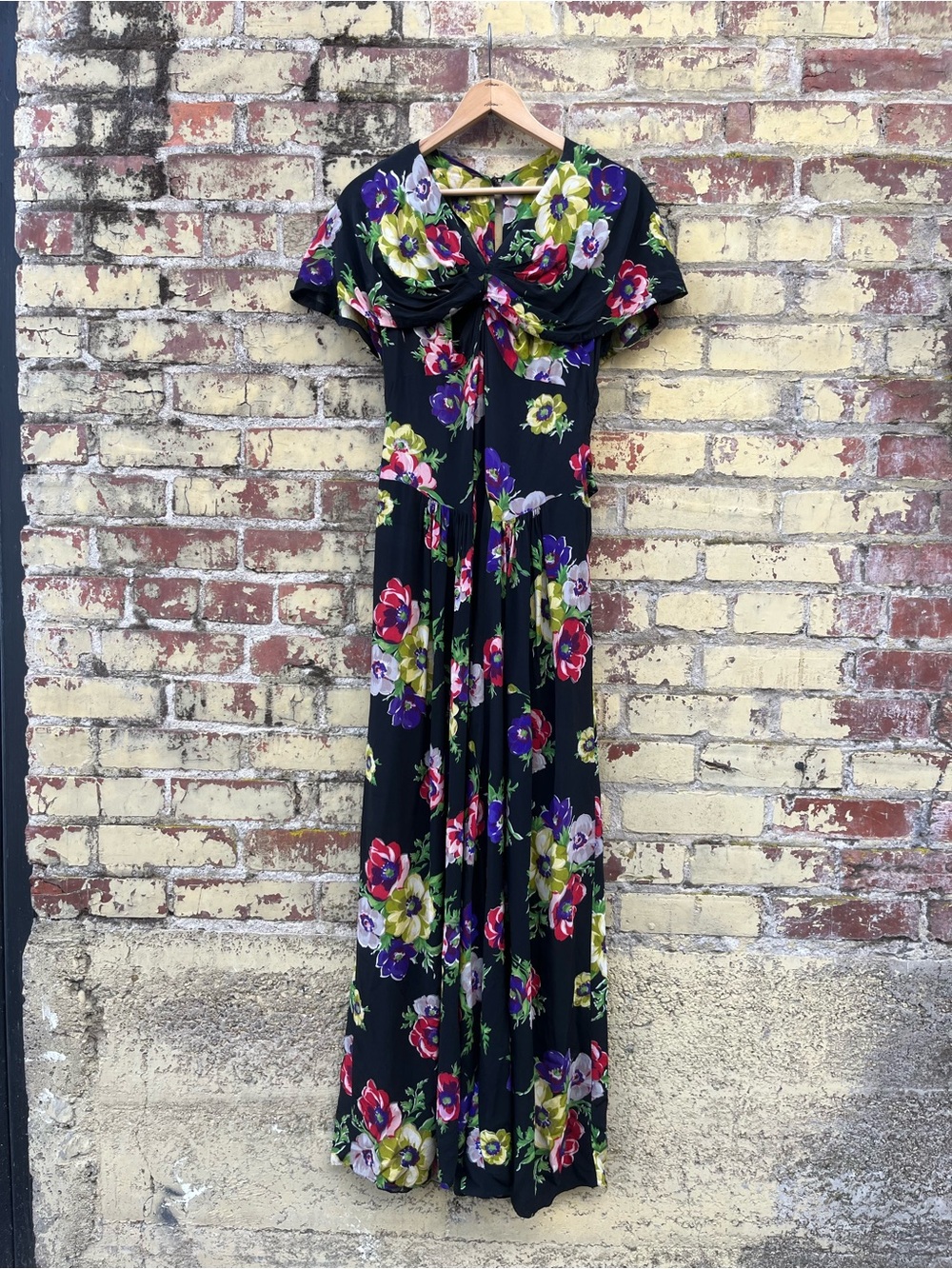 Vintage 40s Art Deco Rayon Floral Rose Tailored Black Maxi Slip Dress S/3-4